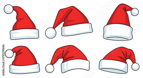 A collection of six cartoon santa hats in various orientations