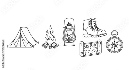 Illustration of camping equipment including tent fire and compass