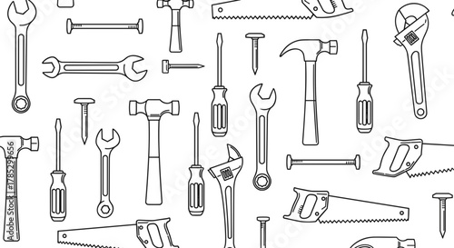 Seamless pattern of various hand tools in black and white outline