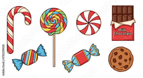 Illustration of various sweets including candy cane and chocolate