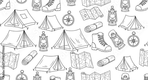 Seamless pattern with camping elements in black and white outline
