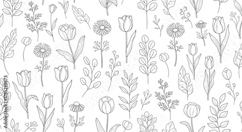 Outlined pattern featuring tulips daisies and various leaf types