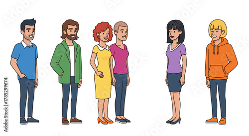 Illustration of five standing people in casual clothing attire
