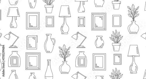 Seamless pattern of lamps vases frames and plants in black outlines
