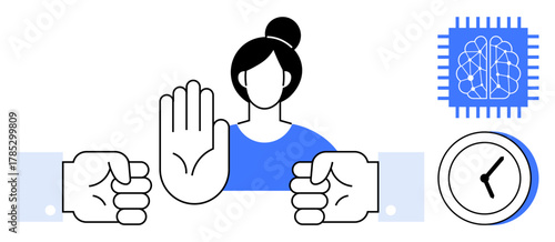 Woman raising hand to signal stop beside AI brain chip, clock, and hands. Ideal for technology limits, ethics, balance, time management, personal boundaries, workplace discipline simple flat