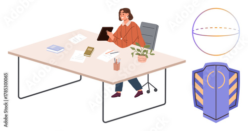 Woman using tablet at desk with stationery, documents, and plant. Abstract sphere and shield element included. Ideal for productivity, innovation, focus, protection, organization creativity