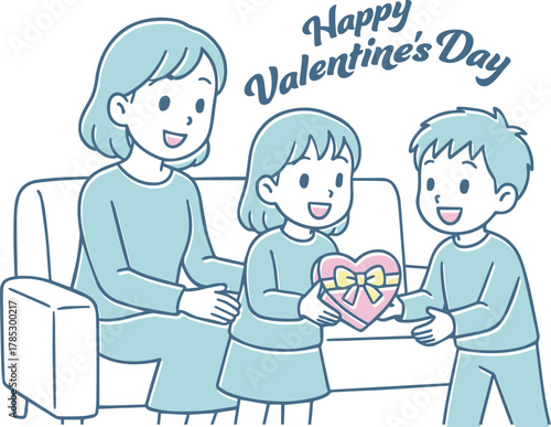バレンタインのプレゼントを渡す家族、ママと子供たち
Family giving Valentine's Day presents, mom and kids