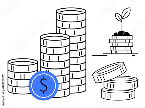 Stacks of coins, dollar sign, and a sapling growing from coins emphasize savings, wealth, growth, sustainability, business planning, financial success, and economic concepts using a simple flat