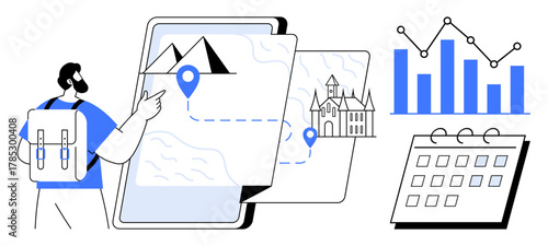 Man with backpack exploring digital map, marked destinations, growth chart, and calendar. Ideal for travel, planning, tourism, analytics, navigation scheduling and organization concepts in simple