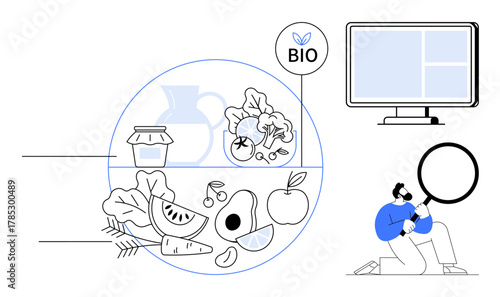 Man analyzing organic produce with a magnifying glass, bio-labeled foods in sections, and a monitor. Ideal for sustainability, health, research, agriculture, eco-food, nutrition simple flat metaphor