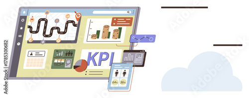 Business dashboard with growth charts, KPI metrics, team analysis, data on tablet and graphs. Ideal for analytics, team management, KPI tracking, business strategy, data visualization financial