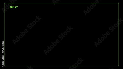 Green circle and text REPLAY on a black background with green border replay symbol