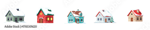 Colorful Festive Snowy Houses Christmas Holidays Variety Set Vector Flat Illustration