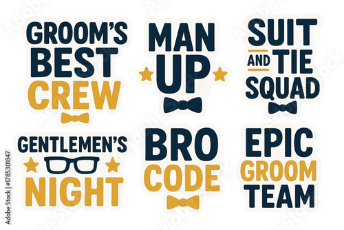 Groom's night flat icon set. featuring crew, man up, suit squad, gentlemen's night, bro code, epic team
