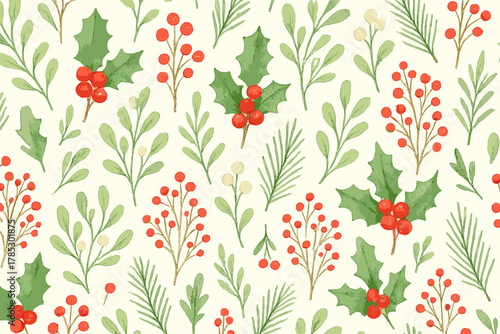 Christmas nature flat icons set. featuring holly, berries, pine branches, and festive leaves