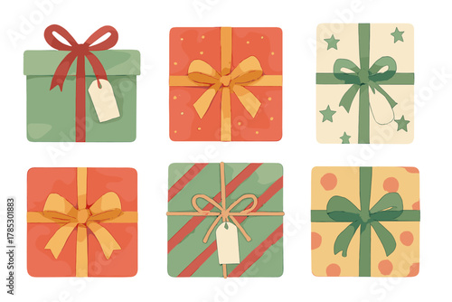 Gift boxes flat icon set. featuring bows, ribbons, stars, polka dots, stripes, and tags