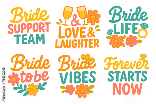 Wedding celebration flat icon set. featuring support team, love, laughter, bride life, to-be, vibes, and forever.