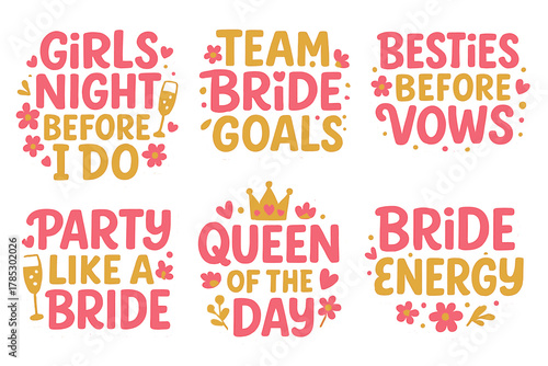 Bachelorette party flat icon set. featuring girls night, team bride, besties, party, queen, and bride energy