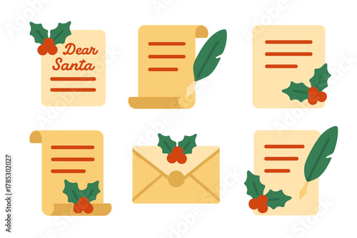 Christmas letters flat icons set. featuring dear santa, scroll, feather, holly, and envelope symbols