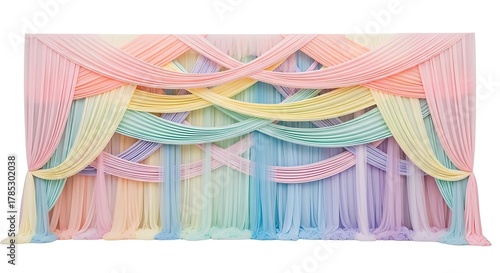 Pastel Rainbow Fabric Draping Backdrop with Interwoven Swags and Tiers image photo