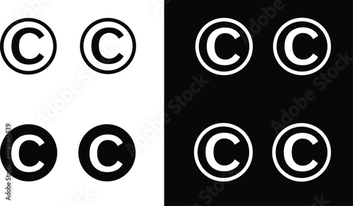 Copyright symbol variations set, eight vector icons in black and white, circle styles, filled and outline, scalable logo pack for designers