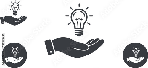 Hand holding glowing light bulb, idea sharing, inspiration symbol, creative concept, innovation concept, teamwork, brainstorming, presentation of idea, illuminating solution, idea exchange
