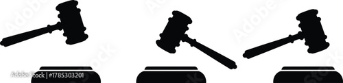 Judicial Gavel Motion Sequence, Three Silhouette Gavels Striking Sound Blocks, Legal Decision Making, Auctioneer Strike, Courtroom Authority Symbol Vector Illustration