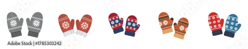Snowflake Knitted Mittens Pair Christmas Holiday Decoration Vector Flat Set