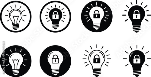 Locked idea light bulb icon set, secure innovation symbols, intellectual property protection, patent security, creative rights, cybersecurity concept illustrations vector collection flat designs