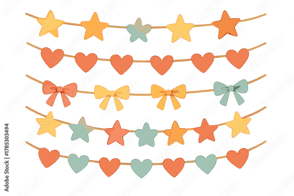 Fototapeta premium Holiday decorations silhouette icon set. featuring star, heart, bow, and garland symbols