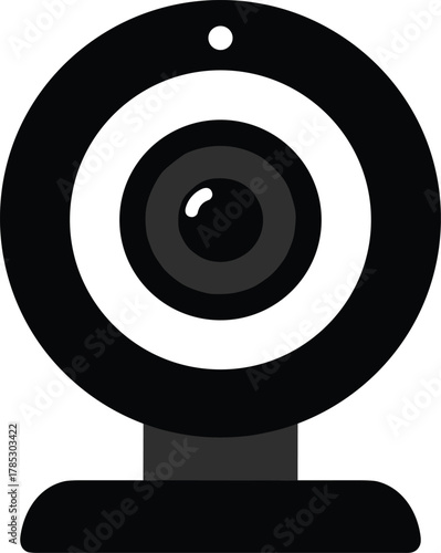 Minimal black and white webcam icon with concentric lens and rounded base, modern webcam vector, online meeting, streaming, privacy concept