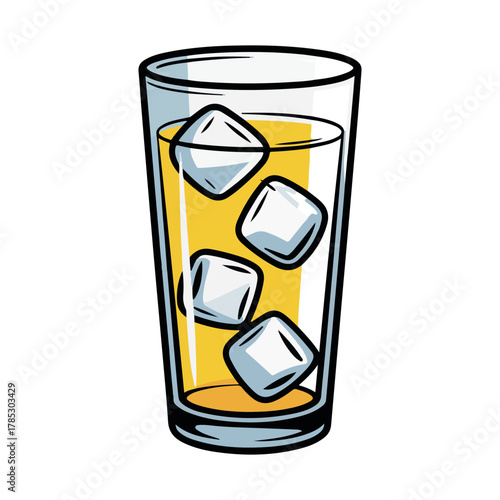 Tall glass of yellow liquid with ice cubes and black outline drink.