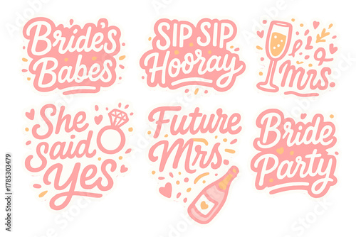 Wedding celebration flat icon set. featuring bride's babes, sip sip hooray, mrs, she said yes, future mrs, party symbols