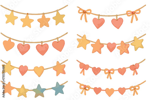 Party decorations flat icons set. featuring stars, hearts, ribbons, garlands, bows, and festive strings