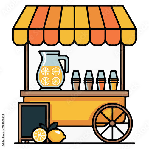 Lemonade cart with lemons and pitchers of yellow drink stand beverage.