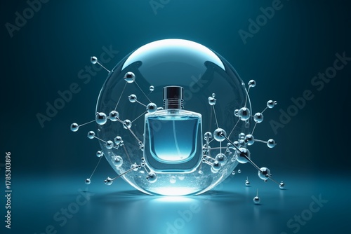 Blue perfume bottle encased in glowing molecular sphere, futuristic sci-fi aesthetic on dark teal background.