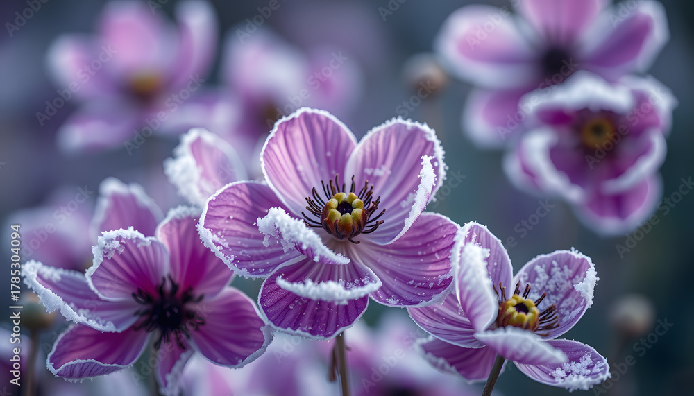 Obraz premium abstract background of purple and white frozen anemone flowers, Diffused lighting. White tone