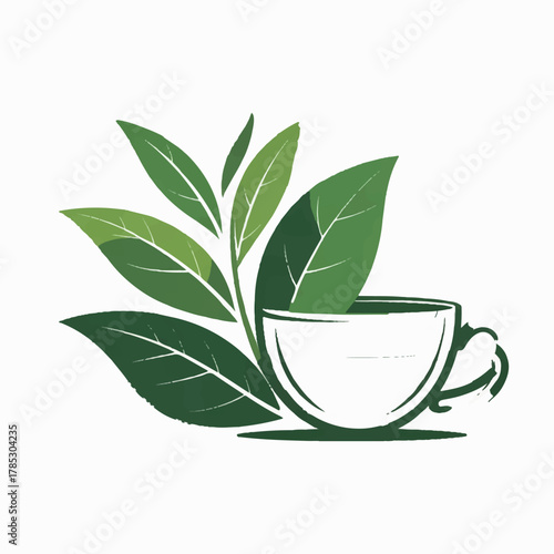 Green tea leaves and bowl illustration plant.