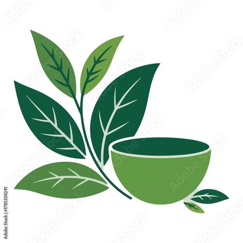 Green tea leaves and white cup abstract illustration leaf.
