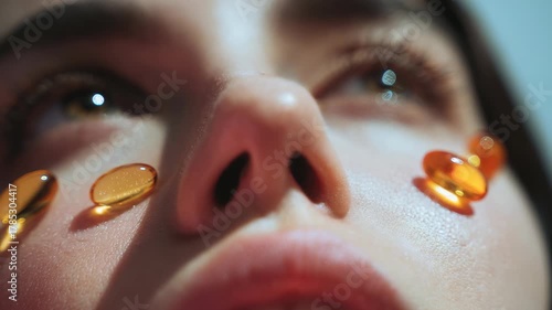 Detailed macro shot highlights female face with transparent capsules under her eyes, reflecting contemporary beauty, self care routines. Emphasizes skincare innovation, youthfulness