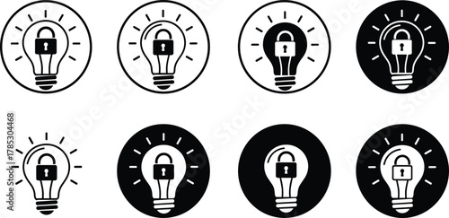 Secure idea light bulb icons, padlock inside bulb concept, intellectual property protection, guarded innovation, protected creativity, cybersecurity vector illustration set