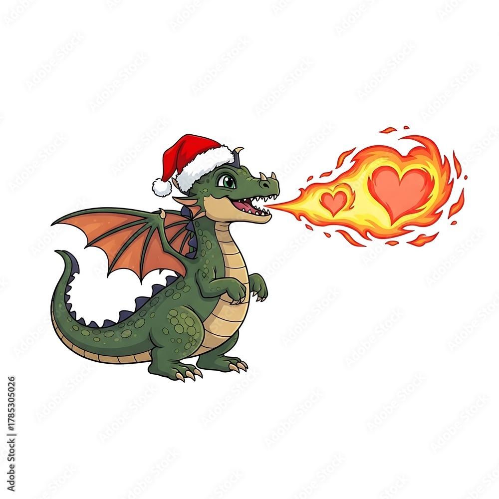 Fototapeta premium Cute Green Dragon Wearing Santa Hat Breathing Fire with Heart-Shaped Flames.