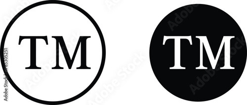 Trademark symbols vector set, TM icons in black and white, circular trademark badges, branding and legal mark illustrations for logos and packaging