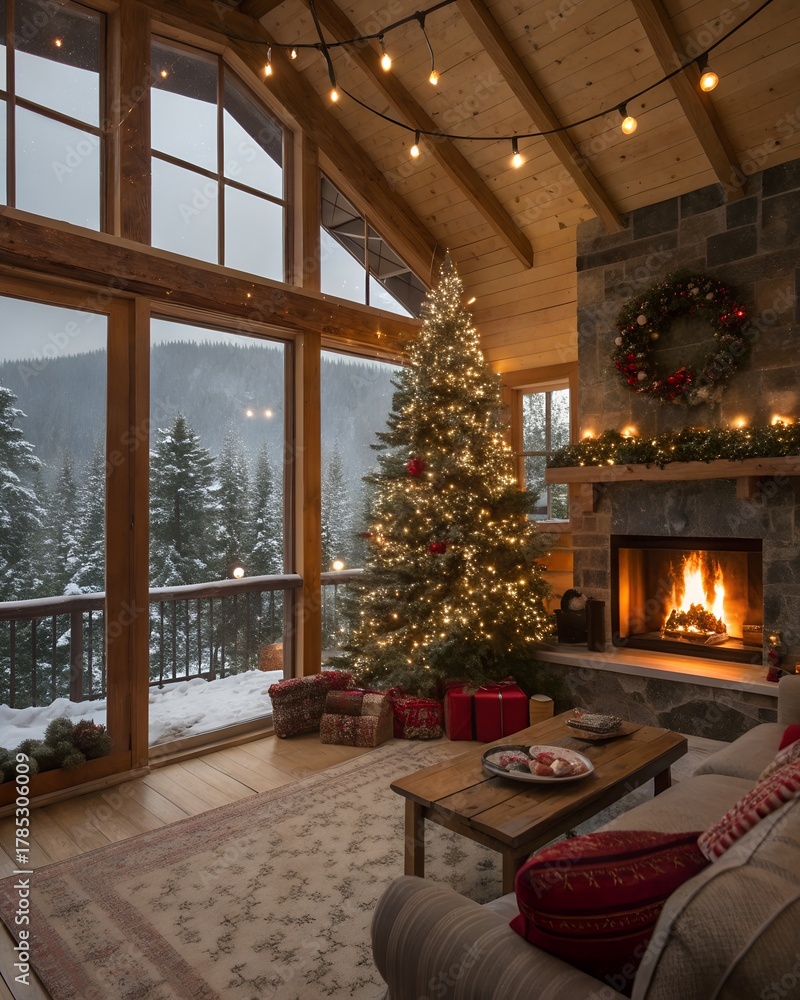 Naklejka premium The living room of a cozy mountain cabin decorated for Christmas.