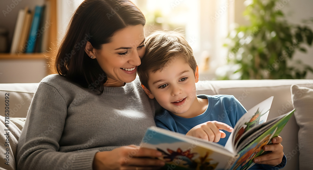 Obraz premium A smiling mother and son reading a colorful storybook together on a comfortable sofa indoors at home