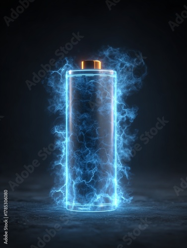 Charged Energy Source: A glowing, cylindrical battery emanates an electric energy field, radiating power and innovation on a dark background.