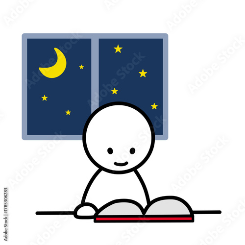 Stick figure reading a book at night by the window