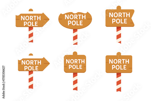 Holiday destination flat icon set. featuring directional signs, north pole symbols, snow, and festive signage.