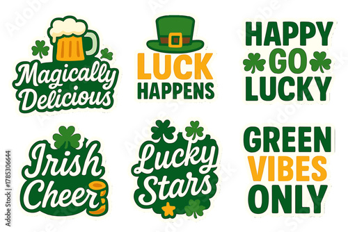 St. patrick's day flat icon set. featuring beer mug, hat, luck, irish cheer, happy, and green vibes symbols