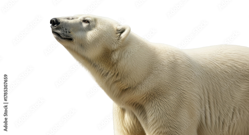 Fototapeta premium Majestic white Polar Bear head looking upwards on a transparent background PNG image